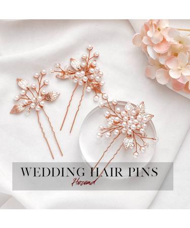 Heread Pearl Bride Wedding Hair Pins - Pack of 3 Leaf Bridal Head Piece Flower Hair Accessories - Rose Gold for Women and Girls - Buy Online on GoSupps.com