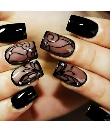Black Curve Line Press on Nails with Dark Vine Design Glossy Black Ins Medium Square False Nails Gel Glue on Nails Rhinestones Manicure Art Acrylic Fake Nails Stick on Nails for Women Girls 24Pcs Design G