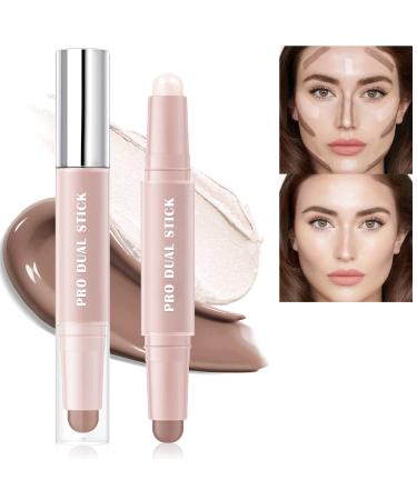 NewBang 2 Colors Double Head Contour Stick Cream Concealer Pen 2in1 Highlighter Bronzer Contouring Dual-Ended Stick Wand Waterproof Body Face Brighten Facial Shade Makeup Pencil Pen Pearl +Matte Pearl Highlighter+Matte C...