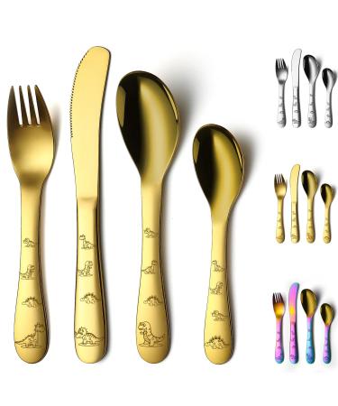 Evanda Gold Toddler Utensils Gold Titanium Coated 4 Pieces Stainless Steel Toddler Silverware Set Kids Utensils Forks and Spoons Mirror Polished Smooth Round Tableware and Dishwasher Safe 2.gold
