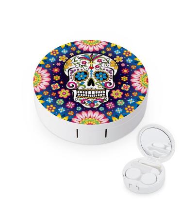 Flower Paisley Sugar Skull Round Case For Contact Lens Kit Storage Box with Mirror Printed