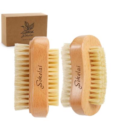 2 Pieces Natural Wooden bristle nail brushes for Cleaning Fingernail and Toenail non-slip two-sided Grip Hand foot Nail Brush Set Manicure Pedicure Scrubber Supply Men Women Girls natural wood color
