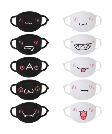10 Pieces Kawaii Mask Anime Face Mouth Mask Cute Mouth Covering Reusable Washable Mouth Mask for Women Girls Kids, Black and White