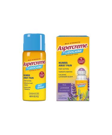 Aspercreme Max Strength Lidocaine Pain Relief Dry Spray 4 oz. Odor Free Essential Oils Lidocaine Pain Relief with Lavender Roll-On No Mess Applicator 2.5 oz.