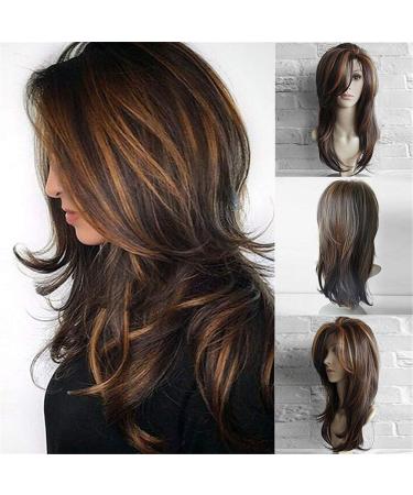 Wigherlange Wavy Hair Woman Wife with Bangs Ombre Brown and Blond Heat Constant Synthetics Of course look full of wig (dark brown)