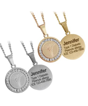 MIA MIA Medical Alert Necklace For Women Elegant Stainless Steel & Crystals Medic Emergency ID Awareness Jewelry With Engraved Info for diabetes allergy epilepsy & other conditions