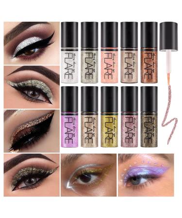 evpct 10 Colors Glitter Liquid Gel Eyeliner Eye Glitter Eyeshadow Makeup Set Pink Brown White Gold Glitter Liquid Eye shadow Set delineador de ojos contra el agua delineadores de colores para ojos 1 Count (Pack of 1) 10 Colors Set