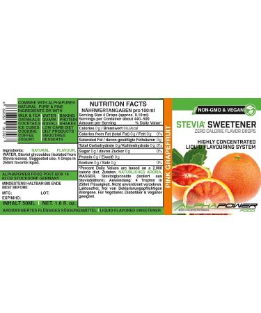 Alphapower Food Stevia Sugar-Free Flavor Drops - Natural Pink Grapefruit Aroma | 100% Natural Liquid Aroma & Sugar Substitute for Water Muesli Desserts Smoothies | 50ml - Buy Online on GoSupps.com
