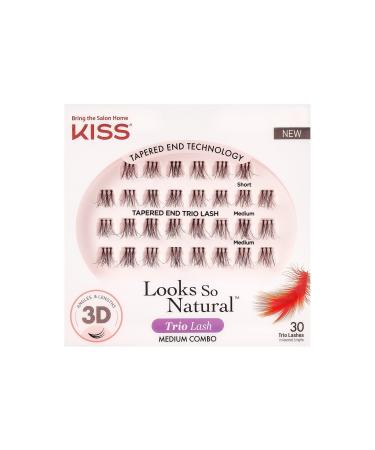 KISS Looks So Natural Trio Lash Medium Combo Pack False Eyelashes with Tapered End Technology 3D Lengths & Angles Easy Grip Tray with Built-In Glue Pocket 30 Trio Lashes in Short & Medium Lengths Medium 30 Count (Pack of 1)