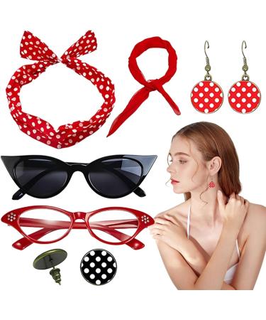 Polka Dot Headbands for Women | Headband Drop Earrings Set for 1950s Outfits | Costume Accessories with Red Bow Headband Vintage Polka Dot Hair Bands Cat Eye Glasses Red One Size - Buy Online on GoSupps.com