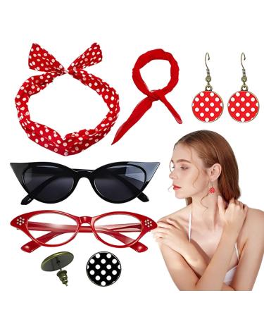 Polka Dot Headband - 1950s Headbands and Drop Earrings Set | Print Dangle Earrings with Vintage Hair Bands Chiffon Scarf Cat Eye Glasses Red One Size