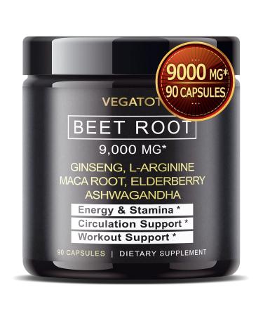 VEGATOT Beet Root       *USA Made and Tested* Concentrated Extract with Ginseng L-Arginine Maca Root Spinach Ashwagandha - Energy Stamina Cardiovascular Immune Support 90 Count (pack of 1)