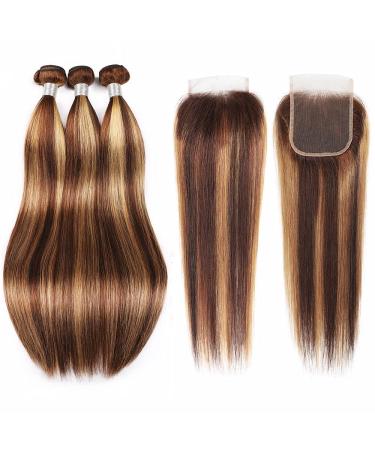 10A Brazilian Straight Ombre Highlight Bundles with Closure - P4/27 Color - 18 20 22 + 16 inch Free Part Closure - Virgin Remy Human Hair - Buy Online on GoSupps.com