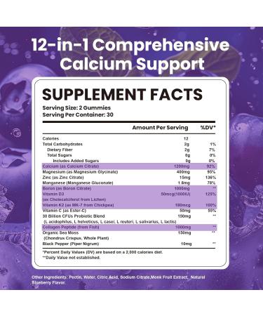 Calcium Citrate Gummies, 1200mg Chewable Calcium Supplement with Vitamin D3, K2, Magnesium & Zinc, Supports Energy and Immunity, High Absorption, Sugar-Free, Blueberry Flavor, 60 Count - Buy Online on GoSupps.com