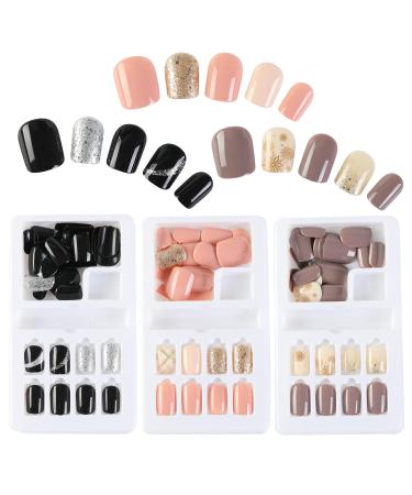 Fake Nails 90pcs Full Cover Short Press on Nails Removable False Nails Square Short Cute Design Acrylic Nails, Pink Black Brown Solid Color Nails 12 Sizes for Nail Art Salons Home DIY for Small Nails