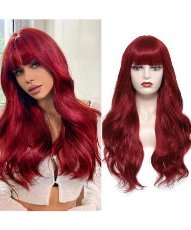 Cerisun Burgundy Red Wig for Women, Long Curly Wavy Wigs With Bangs,Heat Resistant Synthetic Fiber Hair Replacement Wigs for Fashion Women Girls Natural Looking Hair Wig for Daily Party Cosplay 280g