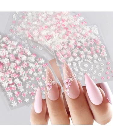 30 Sheets Flower Nail Art Stickers Pink White Nail Designs Nail Decals 3D Self Adhesive Nail Stickers Nail Art Supplies Pink Flower White Flower Nail Stickers for Nail Decorations Manicure Tips Charms B
