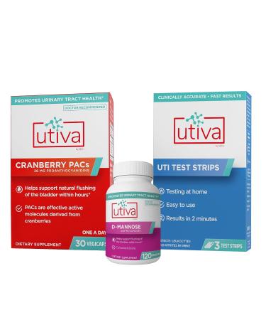 Szio+ 20% Bundle Utiva Cranberry PACs 30 Vegi Capsules + Utiva D-Mannose 500mg 120 Capsules + UTI Test Strips 3 Individual Urine Test Strips for Women and Men
