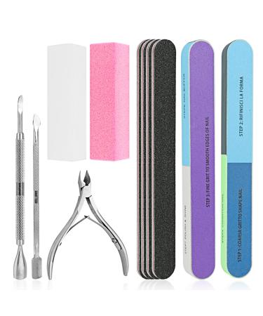 Nail File Set WOVTE 11 Pcs Nail Files Block 7 Ways Buffer Block Buffer Block Sponge Polished Come with Cuticle Nipper and Pusher for Dead Skin Nail Trimming Manicure Tools