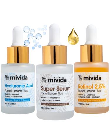 mivida Facial Serum Set of 3 | Hyaluronic Acid Serum + Retinol 2.5% Serum + Vitamin C 20% Serum | Anti-Aging Hydrating Brightening & Firming Serum For Face | Skincare Set | 1 fl oz - Pack of 3 0.33 Fl Oz (Pack of 3) Hy...