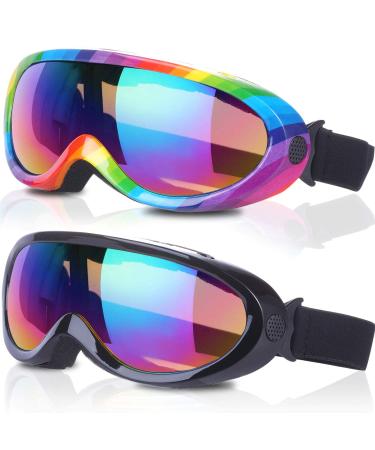 Rngeo Ski Goggles, Pack of 2, Snowboard Goggles for Kids, Boys & Girls, Youth, Men Black Multicolor/Rainbow Multicolor
