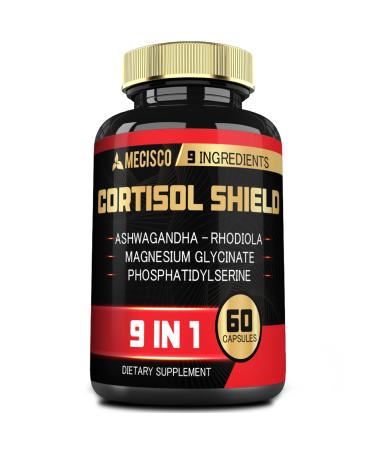 9in1 Cortisol Shield - Ashwagandha & Magnesium Glycinate Rhodiola Phosphatidylserine L-Theanine Licorice Root St. John's Wort Lions Mane - Mind & Mood Restful Night Support - 60 Capsules