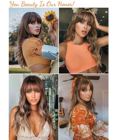 Honybia Ombre Brown Wig with Bangs | Light Brown Wigs for Women | Synthetic Heat-Resistant Wavy Hair for Cosplay & Parties - Buy Online on GoSupps.com