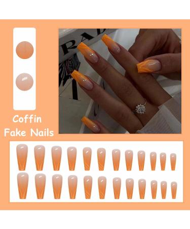MISUD Coffin Press on Nails - 24 pcs Glossy Orange Ombre Ballerina Acrylic Nails with Glitter Design - Long False Nails for Stunning Looks - Buy Online on GoSupps.com