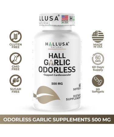 Hallusa Natural Odorless Garlic 500 mg Softgels | Heart Health & Cholesterol Support | Allium Sativum Garlic Supplement | Fresh Garlic Bulb Extract | 60 Softgels - Buy Online on GoSupps.com