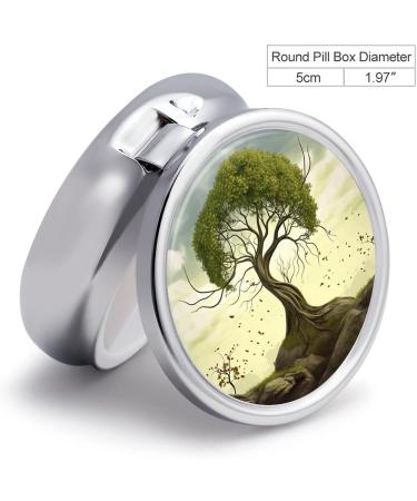 Round Pill Box with Trees Print - 3 Compartment Medicine Organizer - Decorative Metal Portable Pill Case | Style-18 - Buy Online on GoSupps.com