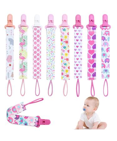 8Pcs Dummy Clip Girls Baby Pacifier Clips Soother Clip Chains Dummy Strap Silicone Ring Adapter for All Dummies Soothers Teething Toys Newborn Essentials Pink