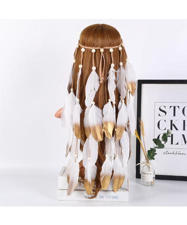 Hair Feathers - Indian Hippie Headband long Headband with Multiple White Spray Painted Feathers Boho Hair Accessories for Women Festival Accessories Party - Buy Online on GoSupps.com