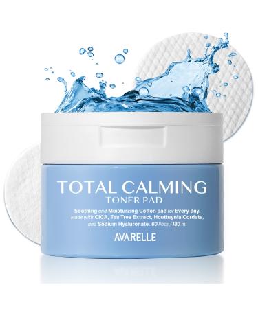 Avarelle Total Calming Toner Pads (60 Pads/180 ml) Hyaluronic Acid  Heart Leaf  CICA & Tea Tree. Gentle Face Exfoliating Wipes with AHA & PHA. Certified Vegan  Cruetly-Free  EWG-Verified