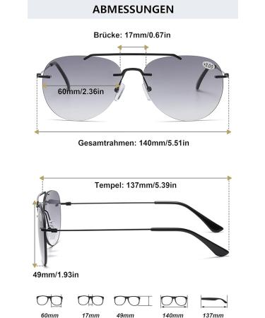Buy Lanomi Bifocal Pilot Reading Glasses - Blue Light Filter Frameless Sunglasses with UV400 Protection - Outdoor Reading Aid - Starch Black Frame Gray Lens - 2.0x Magnification - Buy Online on GoSupps.com
