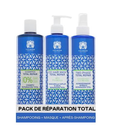 Valquer Professional Pack Total Repair Hair: Zero% Shampoo 400 ml + Ice Effect Mask 300 ml + Biphasic Conditioner 300 ml. Damaged hair 1300 g (3 units)