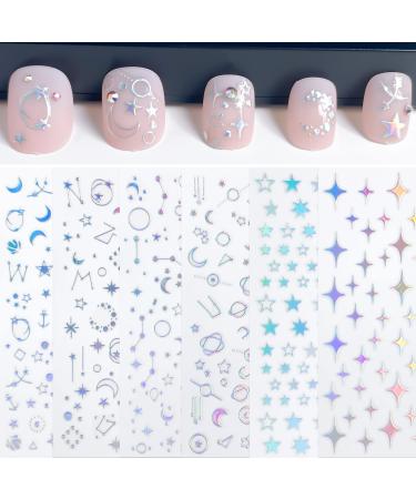 Moon Star Nail Art Decal Stickers Aurora Silver Star Moon Self Adhesive Nail Stickers for Women Girls Fingernails Designs and Nail Decoration for Nail Decor (Pack of 6)