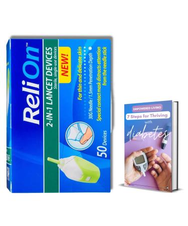 Relion 50 Single Use Safety Lancets for Thin and Delicate Skin Bundle. Includes ReliOn Single-Use 2-In-1 Lancing Device 30G Needle 50 Count and SAMBA LIFE eBook 7 Steps to Thrive with Diabetes (1)