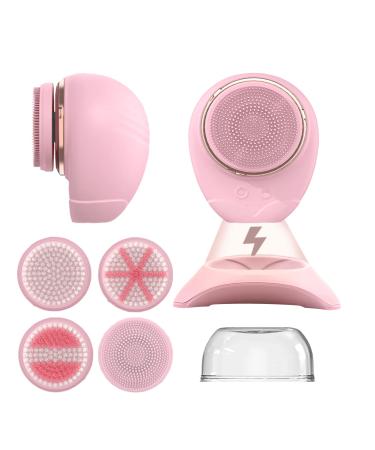 JUNLUNCE Rechargeable Facial Cleansing Brush IPX7 Waterproof Facial Cleanser with 4 Brush Heads Silicone Anti-Static Lifting Massaging and Deep Pore Cleansing (Pink)