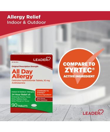 Leader 24 Hour All Day Allergy Relief Cetirizine Hcl Tablets 10 mg 90 Count - Buy Online on GoSupps.com