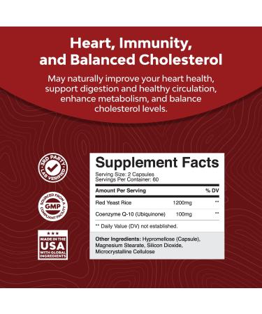Red Yeast Rice with CoQ10 Supplement 1200mg - Heart Health & Cholesterol Support - Citrinin-Free Formula with CoQ10 100mg - 120ct Capsules - Buy Online on GoSupps.com