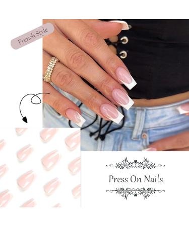24 Pcs French False Nails - White Tips Press on Nails - Full Cover False Nails Nude White Square Stick on Nails - Fake Nails Stick on Nails for Women and Girls Nail Art Simple French Square - Buy Online on GoSupps.com