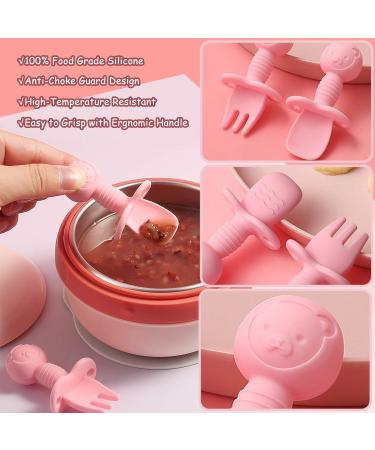 Baby Silicone Self-Feeding Fork and Spoon Set - Gum-Friendly First Stage Utensils for Baby Led Weaning (6 Months+) - Pink - Buy Online on GoSupps.com