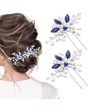 Flower Bridal Hair Pins Pearl Bride Wedding Hair Accessories Rhinestone Hair Piece for Women and Girls(Blue)