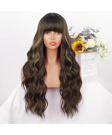 AISI QUEENS Brown Highlight Wig with Bangs - Long Wavy Synthetic Hair for Women | Curly Wavy Style for Daily & Party Wear | Brown Mixed Blonde - Buy Online on GoSupps.com