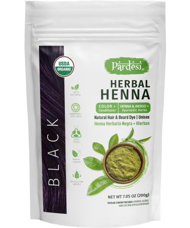 Pardesi Hair Henna Powder I USDA Organic I 7.05 oz (200 Gram) | Natural Hair & Beard Dye I Unisex I Black Color I Amonia and PPD Free I Includes Gloves Hair Cap and Applicator I From India