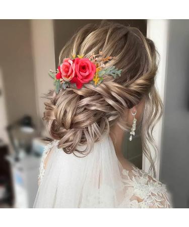 IYOU Red Bridal Hair Comb Artificial Flower Headpiece Leaves Prom Beach Wedding Sides Combs Hair Dress Accessories for Bride and Bridesmaid - Buy Online on GoSupps.com