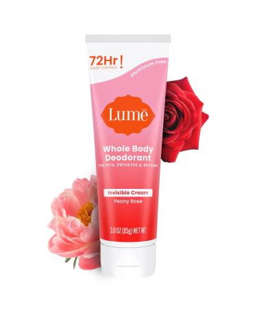 Lume Whole Body Deodorant - Invisible Cream Tube - 72 Hour Odor Control - Aluminum Free Baking Soda Free Skin Safe - 3.0 ounce (Peony Rose) Peony Rose 3 Ounce (Pack of 1)