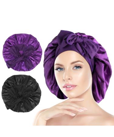 Arqumi Silk Bonnet 2PCS Large Silk Hair Wrap for Sleeping Adjustable Satin Bonnet Hair Bonnet Sleep Cap with Elastic Stay On Head for Long Curly Thick Black Hair for Women Hair Care Black&Purple A (2PCS) Black & Purple