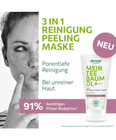 Alkmene Tea Tree Oil 3in1 Cleaning Peeling Mask 6x150ml | Natural Vegan Pimple Reduction for Impure Skin | Climate-Neutral Facial Peeling - Buy Online on GoSupps.com