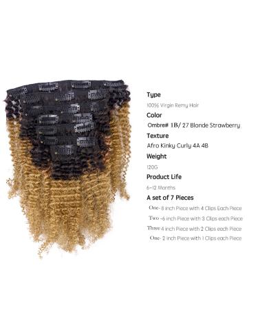 Caliee Virgin Hair Afro Kinky Curly Clip ins Human Hair Extension 14 Inch Ombre 1B/27 AC - Buy Online on GoSupps.com